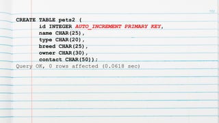 102
CREATE TABLE pets2 (
id INTEGER AUTO_INCREMENT PRIMARY KEY,
name CHAR(25),
type CHAR(20),
breed CHAR(25),
owner CHAR(30),
contact CHAR(50));
Query OK, 0 rows affected (0.0618 sec)
 