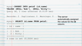 105
mysql>INSERT INTO pets2 (id,name)
VALUES (NULL,'Bob'), (NULL,'Kitty');
Query OK, 2 rows affected (0.0139 sec)
Records: 2 Duplicates: 0 Warnings: 0
mysql> SELECT id,name FROM pets2;
+----+-------+
| id | name |
+----+-------+
| 1 | Bob |
| 2 | Kitty |
+----+-------+
2 rows in set (0.0004 sec)
The server
automatically assigned
the values for the id
column.
 