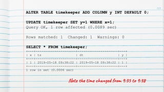 109
ALTER TABLE timekeeper ADD COLUMN y INT DEFAULT 0;
UPDATE timekeeper SET y=1 WHERE x=1;
Query OK, 1 row affected (0.0089 sec)
Rows matched: 1 Changed: 1 Warnings: 0
SELECT * FROM timekeeper;
+---+---------------------+---------------------+---+
| x | ts | dt | y |
+---+---------------------+---------------------+---+
| 1 | 2019-05-18 09:38:22 | 2019-05-18 09:38:22 | 1 |
+---+---------------------+---------------------+---+
1 row in set (0.0006 sec)
Note the time changed from 9:35 to 9:38
 