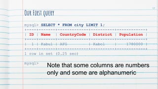 Our First query
mysql> SELECT * FROM city LIMIT 1;
+----+-------+-------------+----------+------------+
| ID | Name | CountryCode | District | Population |
+----+-------+-------------+----------+------------+
| 1 | Kabul | AFG | Kabol | 1780000 |
+----+-------+-------------+----------+------------+
1 row in set (0.25 sec)
mysql>
Note that some columns are numbers
only and some are alphanumeric
48
 