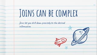 Joins can be complex
Joins let you drill down precisely to the desired
information
70
 