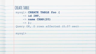 CREATE TABLE
mysql> CREATE TABLE foo (
-> id INT,
-> name CHAR(20)
-> );
Query OK, 0 rows affected (0.07 sec)
mysql>
 