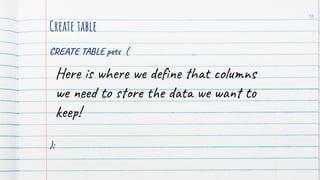 Create table
CREATE TABLE pets (
);
98
Here is where we deﬁne that columns
we need to store the data we want to
keep!
 