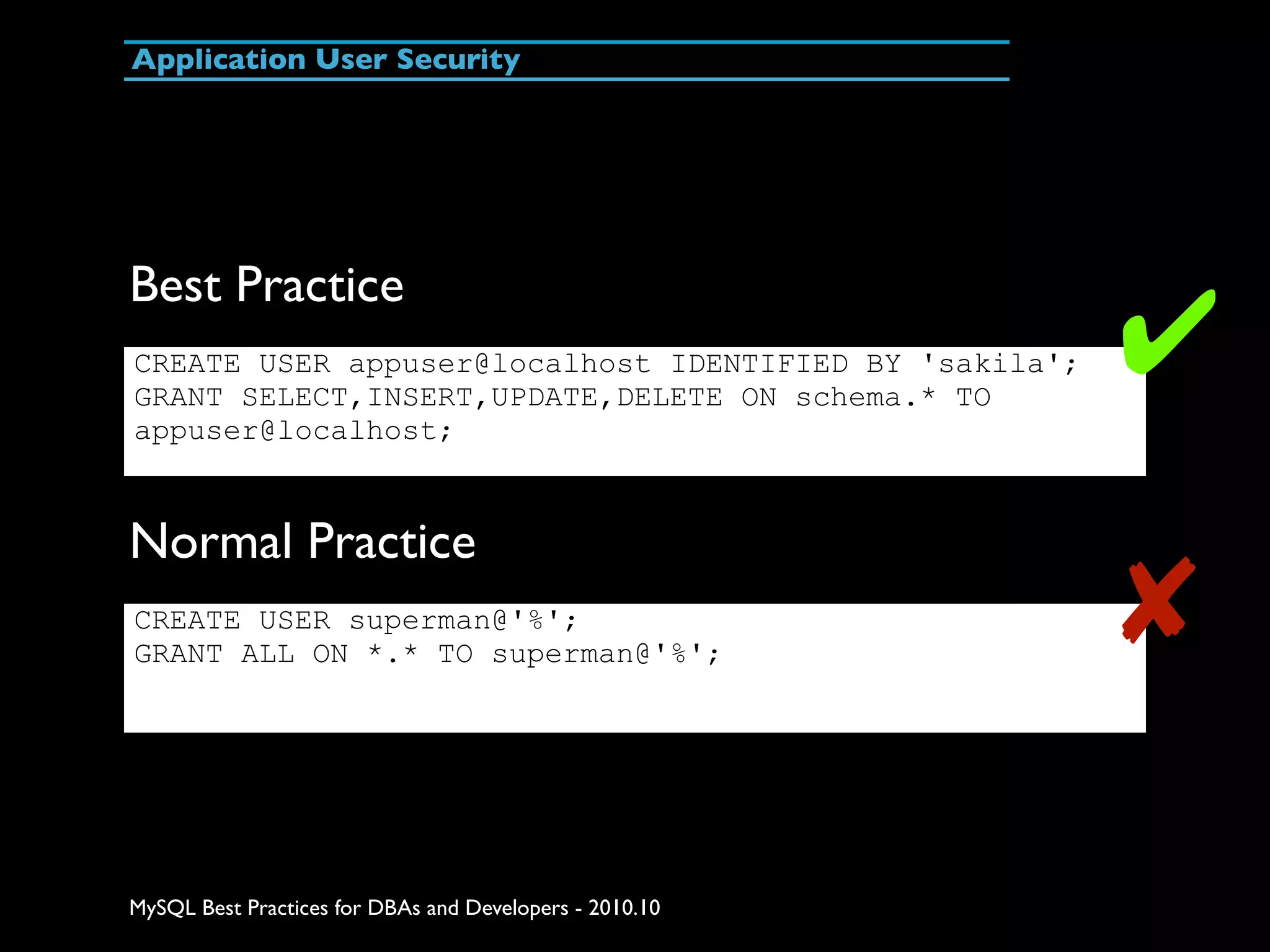 Application User Security Best Practice CREATE USER appuser@localhost IDENTIFIED BY 'sakila'; GRANT SELECT,INSERT,UPDATE,DELETE ON schema.* TO ✔ appuser@localhost; Normal Practice CREATE USER superman@'%'; GRANT ALL ON *.* TO superman@'%'; ✘ MySQL Best Practices for DBAs and Developers - 2010.10 