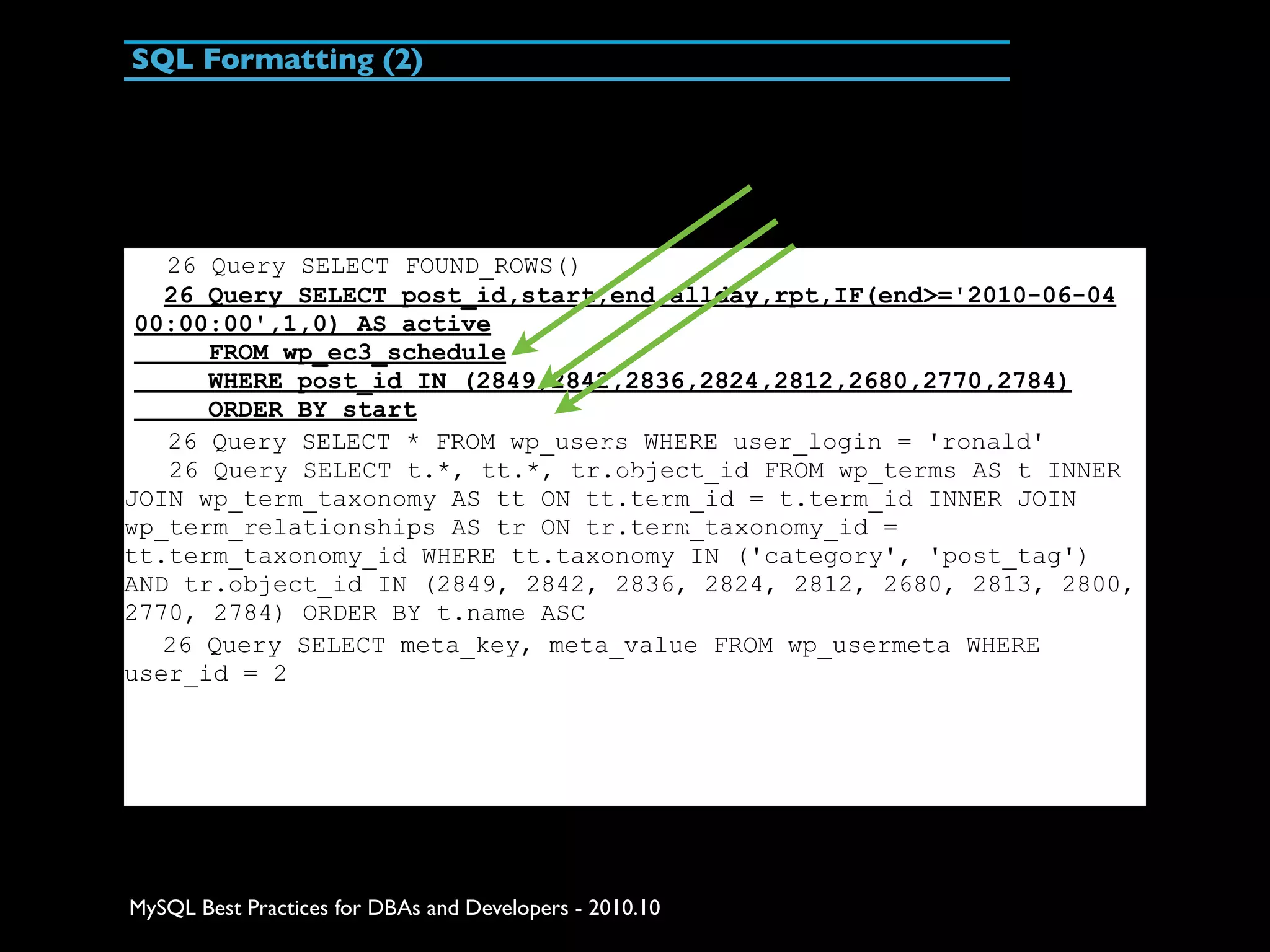 SQL Formatting (2) 26 Query SELECT FOUND_ROWS() 26 Query SELECT post_id,start,end,allday,rpt,IF(end>='2010-06-04 00:00:00',1,0) AS active FROM wp_ec3_schedule WHERE post_id IN (2849,2842,2836,2824,2812,2680,2770,2784) ORDER BY start 26 Query SELECT * FROM wp_users WHERE user_login = 'ronald' 26 Query SELECT t.*, tt.*, tr.object_id FROM wp_terms AS t INNER JOIN wp_term_taxonomy AS tt ON tt.term_id = t.term_id INNER JOIN wp_term_relationships AS tr ON tr.term_taxonomy_id = tt.term_taxonomy_id WHERE tt.taxonomy IN ('category', 'post_tag') AND tr.object_id IN (2849, 2842, 2836, 2824, 2812, 2680, 2813, 2800, 2770, 2784) ORDER BY t.name ASC 26 Query SELECT meta_key, meta_value FROM wp_usermeta WHERE user_id = 2 MySQL Best Practices for DBAs and Developers - 2010.10 