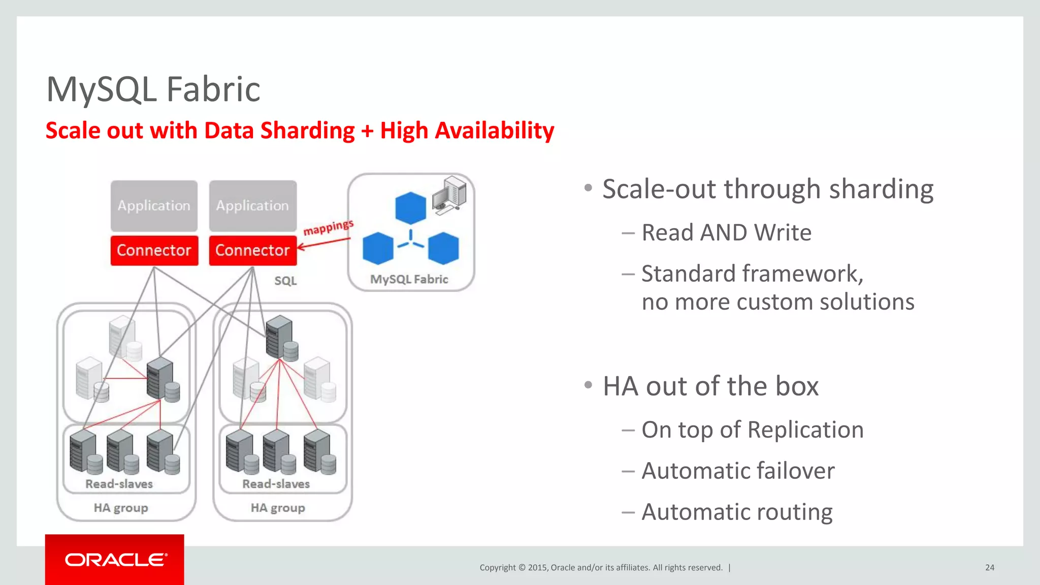 Copyright © 2015, Oracle and/or its affiliates. All rights reserved. |
MySQL Fabric
Scale out with Data Sharding + High Availability
• Scale-out through sharding
– Read AND Write
– Standard framework,
no more custom solutions
• HA out of the box
– On top of Replication
– Automatic failover
– Automatic routing
24
 