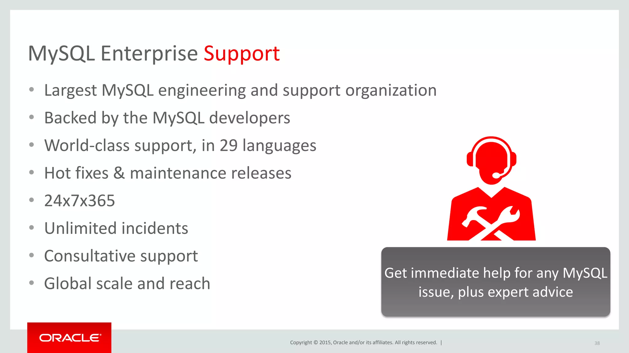 Copyright © 2015, Oracle and/or its affiliates. All rights reserved. |
MySQL Enterprise Support
• Largest MySQL engineering and support organization
• Backed by the MySQL developers
• World-class support, in 29 languages
• Hot fixes & maintenance releases
• 24x7x365
• Unlimited incidents
• Consultative support
• Global scale and reach
Get immediate help for any MySQL
issue, plus expert advice
38
 