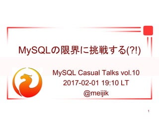 1
MySQLの限界に挑戦する(?!)
MySQL Casual Talks vol.10
2017-02-01 19:10 LT
@meijik
 