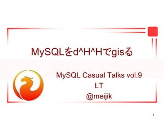 1
MySQLをd^H^Hでgisる
MySQL Casual Talks vol.9
LT
@meijik
 