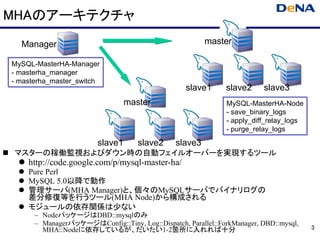 MHAのアーキテクチャ
  Manager                                               master

MySQL-MasterHA-Manager
- masterha_manager
- masterha_master_switch
                                                  slave1      slave2     slave3
                                 master                       MySQL-MasterHA-Node
                                                              - save_binary_logs
                                                              - apply_diff_relay_logs
                                                              - purge_relay_logs
                        slave1      slave2     slave3
マスターの稼働監視およびダウン時の自動フェイルオーバーを実現するツール
    http://code.google.com/p/mysql-master-ha/
    Pure Perl
    MySQL 5.0以降で動作
    管理サーバ(MHA Manager)と、個々のMySQLサーバでバイナリログの
    差分修復等を行うツール(MHA Node)から構成される
    モジュールの依存関係は少ない
      – NodeパッケージはDBD::mysqlのみ
      – ManagerパッケージはConfig::Tiny, Log::Dispatch, Parallel::ForkManager, DBD::mysql,
        MHA::Nodeに依存しているが、だいたい1-2箇所に入れれば十分                                              3
 