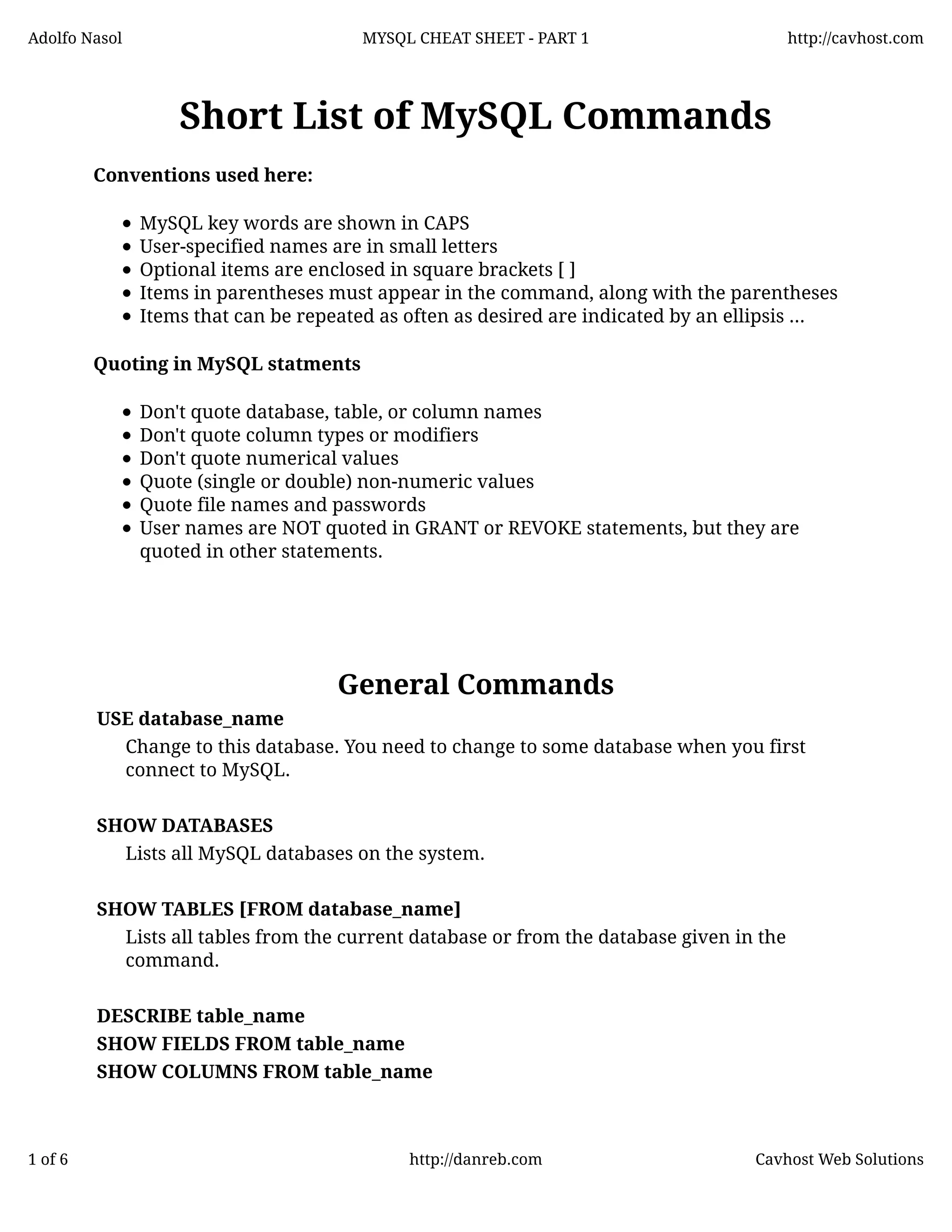 Mysql cheatsheet | PDF