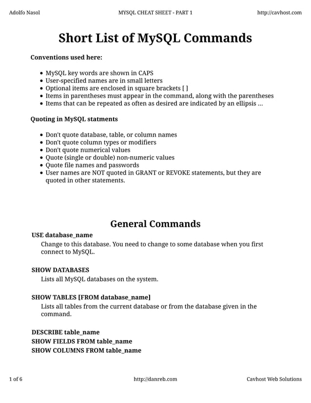 Mysql cheatsheet | PDF