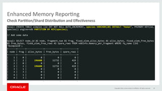 Enhanced	Memory	ReporGng	
mysql>	CREATE	TABLE	simples	(id	INT	NOT	NULL	AUTO_INCREMENT,	species	VARCHAR(20)	DEFAULT	"Human",	PRIMARY	KEY(id,	
species))	engine=ndb	PARTITION	BY	KEY(species);	
	
//	Add	some	data	
	
mysql>	SELECT	node_id	AS	node,	fragment_num	AS	frag,	fixed_elem_alloc_bytes	AS	alloc_bytes,	fixed_elem_free_bytes	
AS	free_bytes,	fixed_elem_free_rows	AS	spare_rows	FROM	ndbinfo.memory_per_fragment	WHERE	fq_name	LIKE	
'%simples%';	
+------+------+-------------+------------+------------+	
|	node	|	frag	|	alloc_bytes	|	free_bytes	|	spare_rows	|	
+------+------+-------------+------------+------------+	
|				1	|				0	|											0	|										0	|										0	|	
|				1	|				2	|						196608	|						11732	|								419	|	
|				2	|				0	|											0	|										0	|										0	|	
|				2	|				2	|						196608	|						11732	|								419	|	
|				3	|				1	|											0	|										0	|										0	|	
|				3	|				3	|											0	|										0	|										0	|	
|				4	|				1	|											0	|										0	|										0	|	
|				4	|				3	|											0	|										0	|										0	|	
+------+------+-------------+------------+------------+	
	
	
Check	Par00on/Shard	Distribu0on	and	Eﬀec0veness	
Copyright	2016,	oracle	and/or	its	aﬃliates.	All	rights	reserved	 29	
 