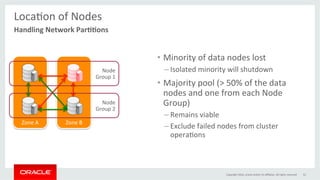 Zone	B	Zone	A	
LocaGon	of	Nodes	
	
•  Minority	of	data	nodes	lost	
– Isolated	minority	will	shutdown	
•  Majority	pool	(>	50%	of	the	data	
nodes	and	one	from	each	Node	
Group)	
– Remains	viable	
– Exclude	failed	nodes	from	cluster	
operaGons	
Copyright	2016,	oracle	and/or	its	aﬃliates.	All	rights	reserved	 52	
Handling	Network	Par00ons	
Node	
Group	1	
Node	
Group	2	
 