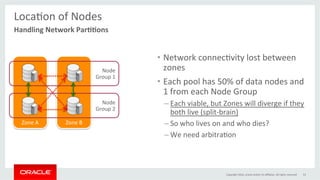 Zone	B	Zone	A	
LocaGon	of	Nodes	
	
•  Network	connecGvity	lost	between	
zones	
•  Each	pool	has	50%	of	data	nodes	and	
1	from	each	Node	Group	
– Each	viable,	but	Zones	will	diverge	if	they	
both	live	(split-brain)	
– So	who	lives	on	and	who	dies?	
– We	need	arbitraGon	
Copyright	2016,	oracle	and/or	its	aﬃliates.	All	rights	reserved	 53	
Handling	Network	Par00ons	
Node	
Group	1	
Node	
Group	2	
 