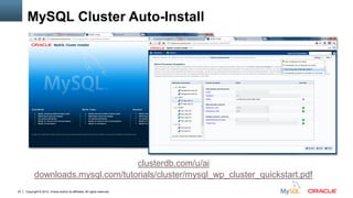 Copyright © 2012, Oracle and/or its affiliates. All rights reserved.23
MySQL Cluster Auto-Install
downloads.mysql.com/tutorials/cluster/mysql_wp_cluster_quickstart.pdf
clusterdb.com/u/ai
 