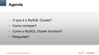Copyright © 2012, Oracle and/or its affiliates. All rights reserved.3
Agenda
 O que é o MySQL Cluster?
 Como começar?
 Como o MySQL Cluster funciona?
 Perguntas?
 