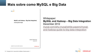 Copyright © 2012, Oracle and/or its affiliates. All rights reserved. Insert Information Protection Policy Classification from Slide 1218
Mais sobre como MySQL e Big Data
Whitepaper:
MySQL and Hadoop – Big Data Integration
December 2012
mysql.com/why-mysql/white-papers/mysql-
and-hadoop-guide-to-big-data-integration
 