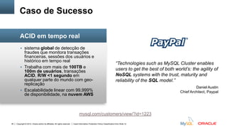 Copyright © 2012, Oracle and/or its affiliates. All rights reserved. Insert Information Protection Policy Classification from Slide 1236
 sistema global de detecção de
fraudes que monitora transações
financeiras, sessões dos usuários e
histórico em tempo real
 Trabalha com mais de 100TB e
100m de usuários, transações
ACID, R/W <1 segundo em
qualquer parte do mundo com geo-
replicação
 Escalabilidade linear com 99,999%
de disponibilidade, na nuvem AWS
Caso de Sucesso
ACID em tempo real
“Technologies such as MySQL Cluster enables
users to get the best of both world’s: the agility of
NoSQL systems with the trust, maturity and
reliability of the SQL model.”
Daniel Austin
Chief Architect, Paypal
mysql.com/customers/view/?id=1223
 