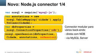 Copyright © 2012, Oracle and/or its affiliates. All rights reserved. Insert Information Protection Policy Classification from Slide 1264
var nosql = require('mysql-js');
var annotations = new
nosql.TableMapping('cidade').apply
ToClass(Cidade);
var dbProperties =
nosql.ConnectionProperties('ndb');
nosql.openSession(dbProperties,
Cidade, annotations, onSession);
Connector modular para
vários back-ends:
• direta com NDB
• via MySQL Server
Novo: Node.js connector 1/4
 