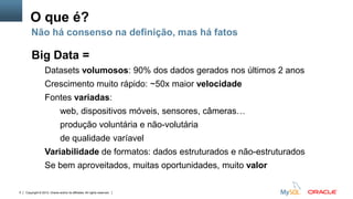 Copyright © 2012, Oracle and/or its affiliates. All rights reserved. Insert Information Protection Policy Classification from Slide 125
O que é?
Big Data =
Datasets volumosos: 90% dos dados gerados nos últimos 2 anos
Crescimento muito rápido: ~50x maior velocidade
Fontes variadas:
web, dispositivos móveis, sensores, câmeras…
produção voluntária e não-volutária
de qualidade varíavel
Variabilidade de formatos: dados estruturados e não-estruturados
Se bem aproveitados, muitas oportunidades, muito valor
Não há consenso na definição, mas há fatos
 