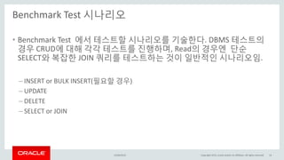 Benchmark Test 시나리오
15/04/2015 Copyright 2015, oracle and/or its affiliates. All rights reserved 14
• Benchmark Test 에서 테스트할 시나리오를 기술한다. DBMS 테스트의
경우 CRUD에 대해 각각 테스트를 진행하며, Read의 경우엔 단순
SELECT와 복잡한 JOIN 쿼리를 테스트하는 것이 일반적인 시나리오임.
– INSERT or BULK INSERT(필요할 경우)
– UPDATE
– DELETE
– SELECT or JOIN
 