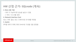 HW 산정 근거- SQLnode (계속)
3. Disk 산정 기준
- SSD 가 가능하다면 성능을 높일 수 있음
- 2 개의 디스크를 권장
4. Network Interface Card
최소 2 NIC 필요, 최소 1 GB이지만 10 GB를 추천함
5. Switch
SPF를 피하기 위해 2개의 Switch로 구성할 것을 권장함
15/04/2015 Copyright 2015, oracle and/or its affiliates. All rights reserved 22
 