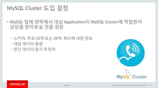 MySQL Cluster 도입 결정
15/04/2015 Copyright 2015, oracle and/or its affiliates. All rights reserved 8
• MySQL 팀에 연락해서 대상 Application이 MySQL Cluster에 적합한지
상담을 받아보실 것을 권장
– 스키마, 주요 10개 또는 20개 쿼리에 대한 정보
– 대상 데이터 용량
– 연간 데이터 증가 추정치
 