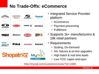 No Trade-Offs: eCommerce
                        • Integrated Service Provider
                          platform
                           • eCommerce
                           • Payment processing
                           • Fulfillment
                        • Supports 1k+ manufacturers &
                          18k retail partners
                        • Requirements
                           •   Scaling, On-Demand
                           •   HA: failures & on-line upgrades
                           •   High batch & real time loads
                           •   Low TCO: capex and opex
      http://mysql.com/customers/view/?id=1080
 