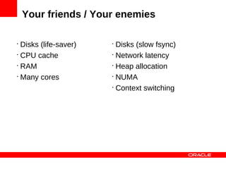 Your friends / Your enemies

•
  Disks (life-saver)   •
                         Disks (slow fsync)
•
  CPU cache            •
                         Network latency
•
  RAM                  •
                         Heap allocation
•
  Many cores           •
                         NUMA
                       •
                         Context switching
 