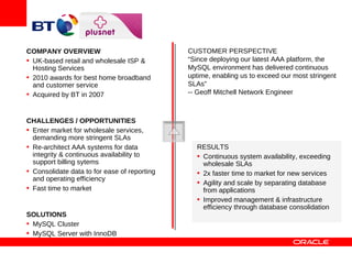 COMPANY OVERVIEW                              CUSTOMER PERSPECTIVE
• UK-based retail and wholesale ISP &         “Since deploying our latest AAA platform, the
  Hosting Services                            MySQL environment has delivered continuous
• 2010 awards for best home broadband         uptime, enabling us to exceed our most stringent
  and customer service                        SLAs”
• Acquired by BT in 2007                      -- Geoff Mitchell Network Engineer



CHALLENGES / OPPORTUNITIES
• Enter market for wholesale services,
  demanding more stringent SLAs
• Re-architect AAA systems for data             RESULTS
  integrity & continuous availability to        • Continuous system availability, exceeding
  support billing sytems                          wholesale SLAs
• Consolidate data to for ease of reporting     • 2x faster time to market for new services
  and operating efficiency
                                                • Agility and scale by separating database
• Fast time to market                             from applications
                                                • Improved management & infrastructure
                                                  efficiency through database consolidation
SOLUTIONS
• MySQL Cluster
• MySQL Server with InnoDB
 