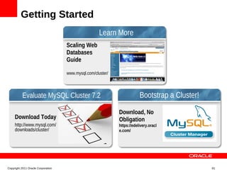 Getting Started
                                                     Learn More
                                    Scaling Web
                                    Databases
                                    Guide

                                    www.mysql.com/cluster/



           Evaluate MySQL Cluster 7.2                                    Bootstrap a Cluster!

                                                             Download, No
     Download Today                                          Obligation
     http://www.mysql.com/                                   https://edelivery.oracl
     downloads/cluster/                                      e.com/




Copyright 2011 Oracle Corporation                                                               81
 