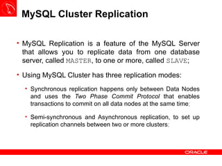 MySQL Cluster Replication <ul><li>MySQL Replication is a feature of the MySQL Server that allows you to replicate data fro...