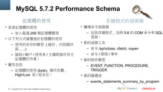 MySQL 5.7.2 Performance Schema
記憶體的使用
 查看記憶體的使用
– 加入超過 200 個記憶體類型
 以下列方式匯整統計記憶體的使用
– 使用的有存的類型 ( 緩存 , 內部緩沖
區 , …)
– 線程 / 帳戶 / 使用者 / 主機間接作用方
記憶體的作業。
 屬性包括
– 記憶體的使用 (byte), 操作次數 ,
High/Low 高 / 低水位。

存儲程式的偵測器
 擴增命令偵測器
– 包括存儲程式 , 加到 5.6 的 COM 命令和 SQL
查詢。
 新的偵測工具
– 命令 /sp/cclose, cfetch, copen
– 命令 / 排程 / 事件
 新的物件類型
– EVENT, FUNCTION, PROCEDURE,
TRIGGER
 新的匯總表
– events_statements_summary_by_program

32

Copyright © 2013, Oracle and/or its affiliates. All rights reserved.

 