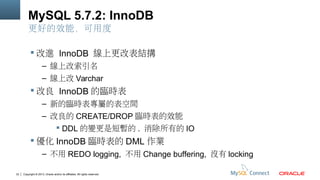 MySQL 5.7.2: InnoDB
更好的效能，可用度
 改進 InnoDB 線上更改表結搆
– 線上改索引名
– 線上改 Varchar

 改良 InnoDB 的臨時表
– 新的臨時表專屬的表空間
– 改良的 CREATE/DROP 臨時表的效能
 DDL 的變更是短暫的 . 消除所有的 IO

 優化 InnoDB 臨時表的 DML 作業
– 不用 REDO logging, 不用 Change buffering, 沒有 locking
33

Copyright © 2013, Oracle and/or its affiliates. All rights reserved.

 