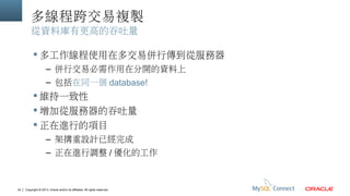 多線程跨交易複製
從資料庫有更高的吞吐量
 多工作線程使用在多交易併行傳到從服務器
– 併行交易必需作用在分開的資料上
– 包括在同一個 database!

 維持一致性
 增加從服務器的吞吐量
 正在進行的項目
– 架搆重設計已經完成
– 正在進行調整 / 優化的工作

34

Copyright © 2013, Oracle and/or its affiliates. All rights reserved.

 