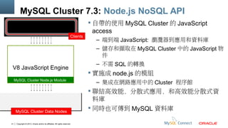 MySQL Cluster 7.3: Node.js NoSQL API
Clients

V8 JavaScript Engine
MySQL Cluster Node.js Module

MySQL Cluster Data Nodes
41

Copyright © 2013, Oracle and/or its affiliates. All rights reserved.

 自帶的使用 MySQL Cluster 的 JavaScript
access
– 端到端 JavaScript: 瀏灠器到應用和資料庫
– 儲存和擷取在 MySQL Cluster 中的 JavaScript 物
件
– 不需 SQL 的轉換

 實施成 node.js 的模組
– 集成在網路應用中的 Cluster 程序館

 聯結高效能，分散式應用，和高效能分散式資
料庫
 同時也可傳到 MySQL 資料庫

 