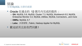 結論
引領 MySQL 社群的創新

 Oracle 在過去的 12 個月內完成的提供 :
– GA: MySQL 5.6, MySQL Cluster 7.3, MySQL Workbench 6.0, MySQL
Enterprise Monitor 3.0, MySQL Utilities, MySQL Connectors...and more
– DMRs: MySQL 5.7
– Labs: 多源複製 , Fabric, Hadoop Applier for MySQL

 歡迎試用且給我們回饋 !

47

Copyright © 2013, Oracle and/or its affiliates. All rights reserved.

 