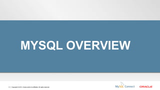 MYSQL OVERVIEW

5

Copyright © 2013, Oracle and/or its affiliates. All rights reserved.

 