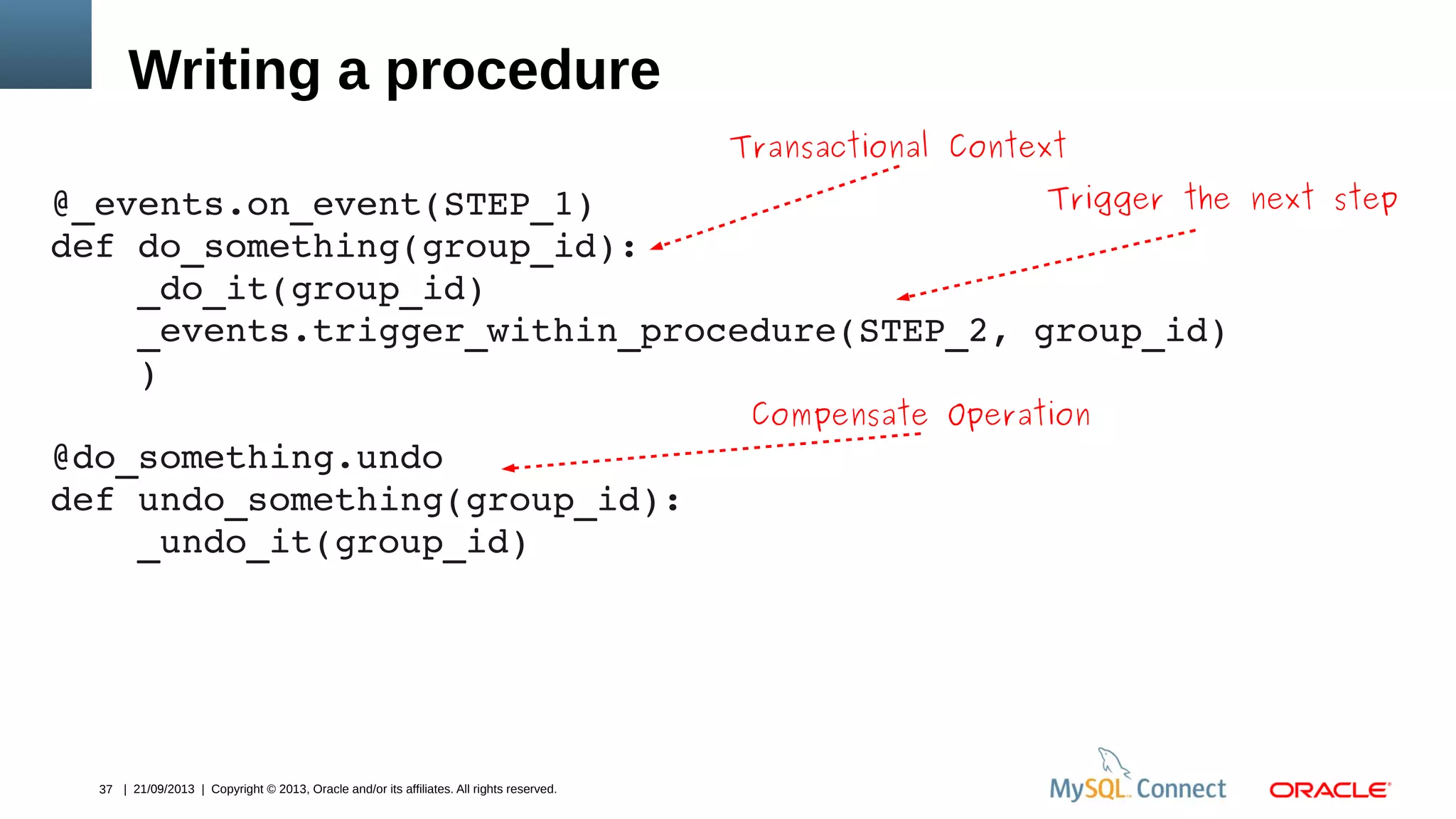37 | 21/09/2013 | Copyright © 2013, Oracle and/or its affiliates. All rights reserved.
Writing a procedure
@_events.on_event(STEP_1)
def do_something(group_id):
    _do_it(group_id)
    _events.trigger_within_procedure(STEP_2, group_id)
    )
@do_something.undo
def undo_something(group_id):
    _undo_it(group_id)
Trigger the next step
Compensate Operation
Transactional Context
 