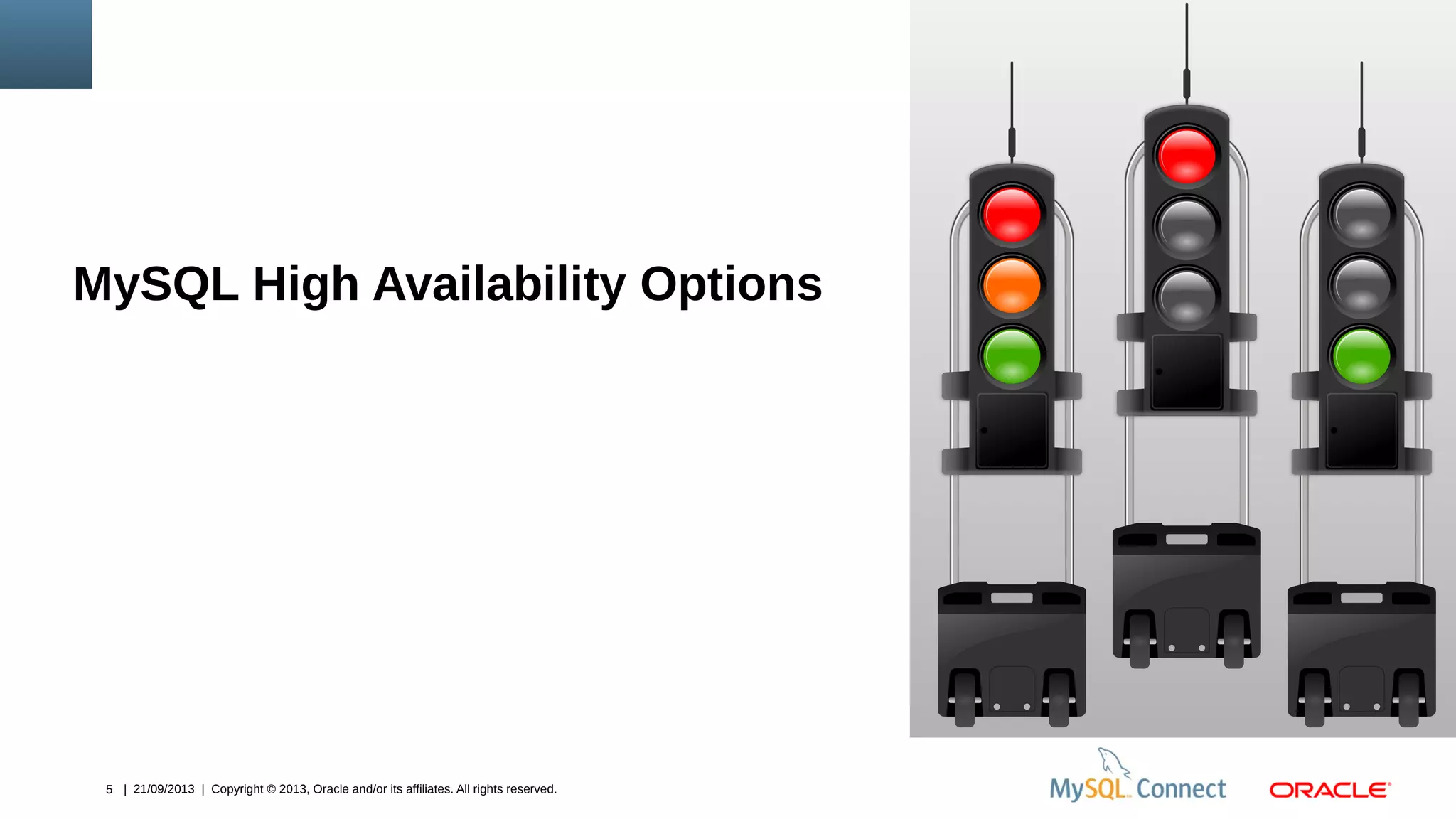 5 | 21/09/2013 | Copyright © 2013, Oracle and/or its affiliates. All rights reserved.
MySQL High Availability Options
 