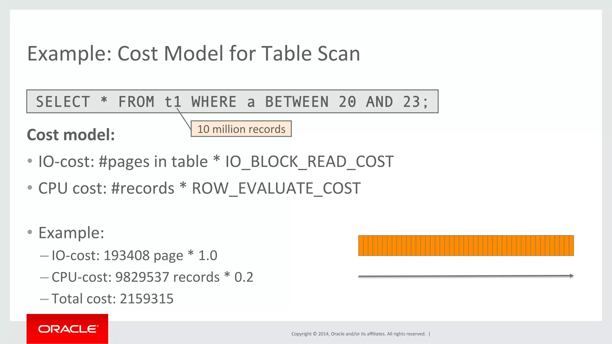Example: Cost Model for Table Scan SELECT * FROM t1 WHERE a BETWEEN 20 AND 23; Copyright © 2014, Oracle and/or its affiliates. All rights reserved. | Cost model: • IO-­‐cost: #pages in table * IO_BLOCK_READ_COST • CPU cost: #records * ROW_EVALUATE_COST • Example: – IO-­‐cost: 193408 page * 1.0 – CPU-­‐cost: 9829537 records * 0.2 – Total cost: 2159315 10 million records 
