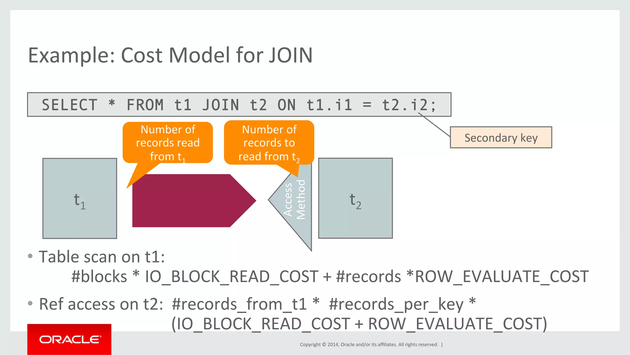 Example: Cost Model for JOIN SELECT * FROM t1 JOIN t2 ON t1.i1 = t2.i2; Copyright © 2014, Oracle and/or its affiliates. All rights reserved. | • Table Secondary key scan on t1: #blocks * IO_BLOCK_READ_COST + #records *ROW_EVALUATE_COST • Ref access on t2: #records_from_t1 * #records_per_key * (IO_BLOCK_READ_COST + ROW_EVALUATE_COST) t1 t2 Access Method Number of records read from t1 Number of records to read from t2 