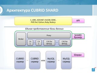 Архитектура CUBRID SHARD



        Единое представление базы данных




              …                  …




         …           или             …
 
