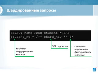 Шардированные запросы




 SELECT name FROM student WHERE
 student_no = /*+ shard_key */ ?;

                                •

                                •
 