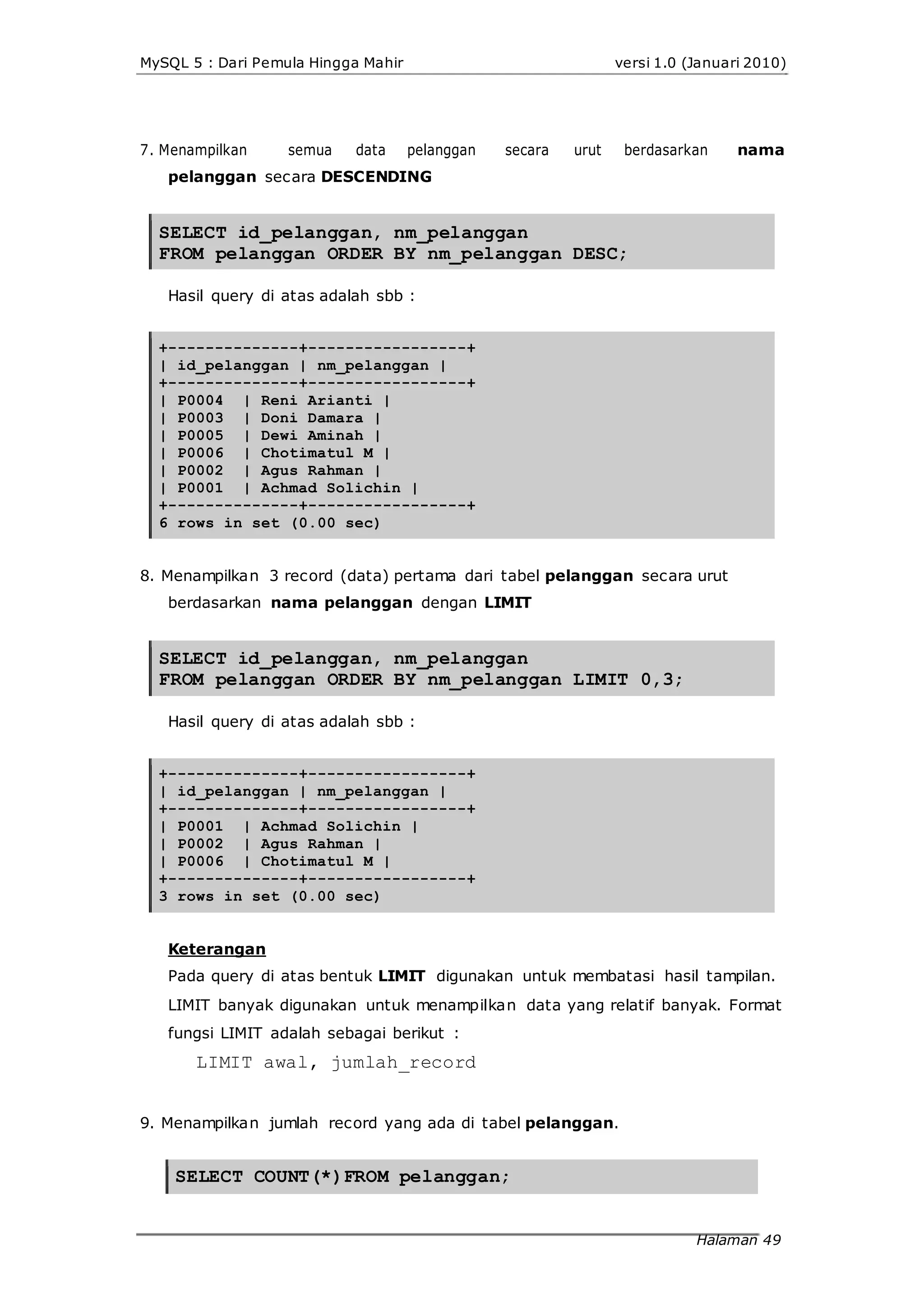 MySQL 5 : Dari Pemula Hingga Mahir versi 1.0 (Januari 2010)
7. Menampilkan semua data pelanggan secara urut berdasarkan nama
pelanggan secara DESCENDING
SELECT id_pelanggan, nm_pelanggan
FROM pelanggan ORDER BY nm_pelanggan DESC;
Hasil query di atas adalah sbb :
+--------------+-----------------+
| id_pelanggan | nm_pelanggan |
+--------------+-----------------+
| P0004 | Reni Arianti |
| P0003 | Doni Damara |
| P0005 | Dewi Aminah |
| P0006 | Chotimatul M |
| P0002 | Agus Rahman |
| P0001 | Achmad Solichin |
+--------------+-----------------+
6 rows in set (0.00 sec)
8. Menampilkan 3 record (data) pertama dari tabel pelanggan secara urut
berdasarkan nama pelanggan dengan LIMIT
SELECT id_pelanggan, nm_pelanggan
FROM pelanggan ORDER BY nm_pelanggan LIMIT 0,3;
Hasil query di atas adalah sbb :
+--------------+-----------------+
| id_pelanggan | nm_pelanggan |
+--------------+-----------------+
| P0001 | Achmad Solichin |
| P0002 | Agus Rahman |
| P0006 | Chotimatul M |
+--------------+-----------------+
3 rows in set (0.00 sec)
Keterangan
Pada query di atas bentuk LIMIT digunakan untuk membatasi hasil tampilan.
LIMIT banyak digunakan untuk menampilkan data yang relatif banyak. Format
fungsi LIMIT adalah sebagai berikut :
LIMIT awal, jumlah_record
9. Menampilkan jumlah record yang ada di tabel pelanggan.
SELECT COUNT(*)FROM pelanggan;
Halaman 49
 