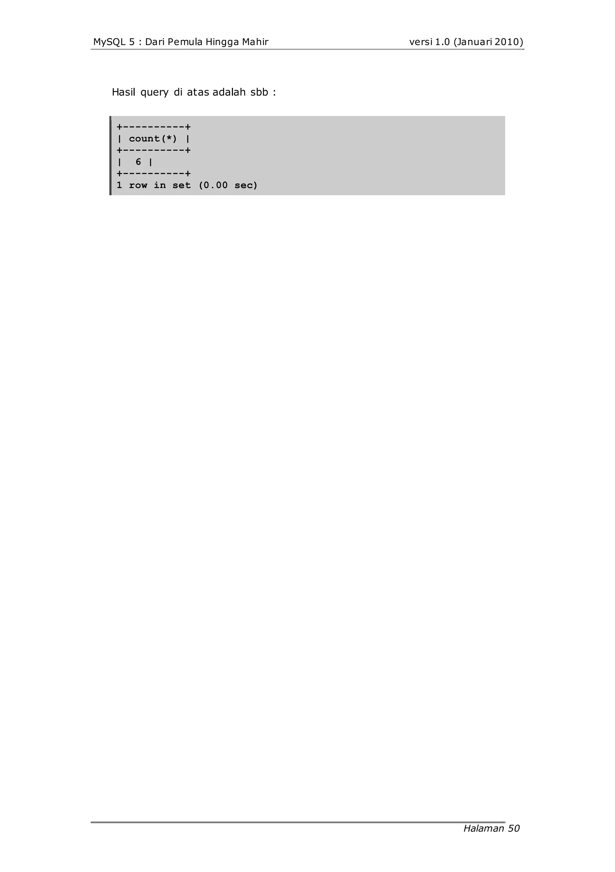 MySQL 5 : Dari Pemula Hingga Mahir
Hasil query di atas adalah sbb :
+----------+
| count(*) |
+----------+
| 6 |
+----------+
1 row in set (0.00 sec)
versi 1.0 (Januari 2010)
Halaman 50
 