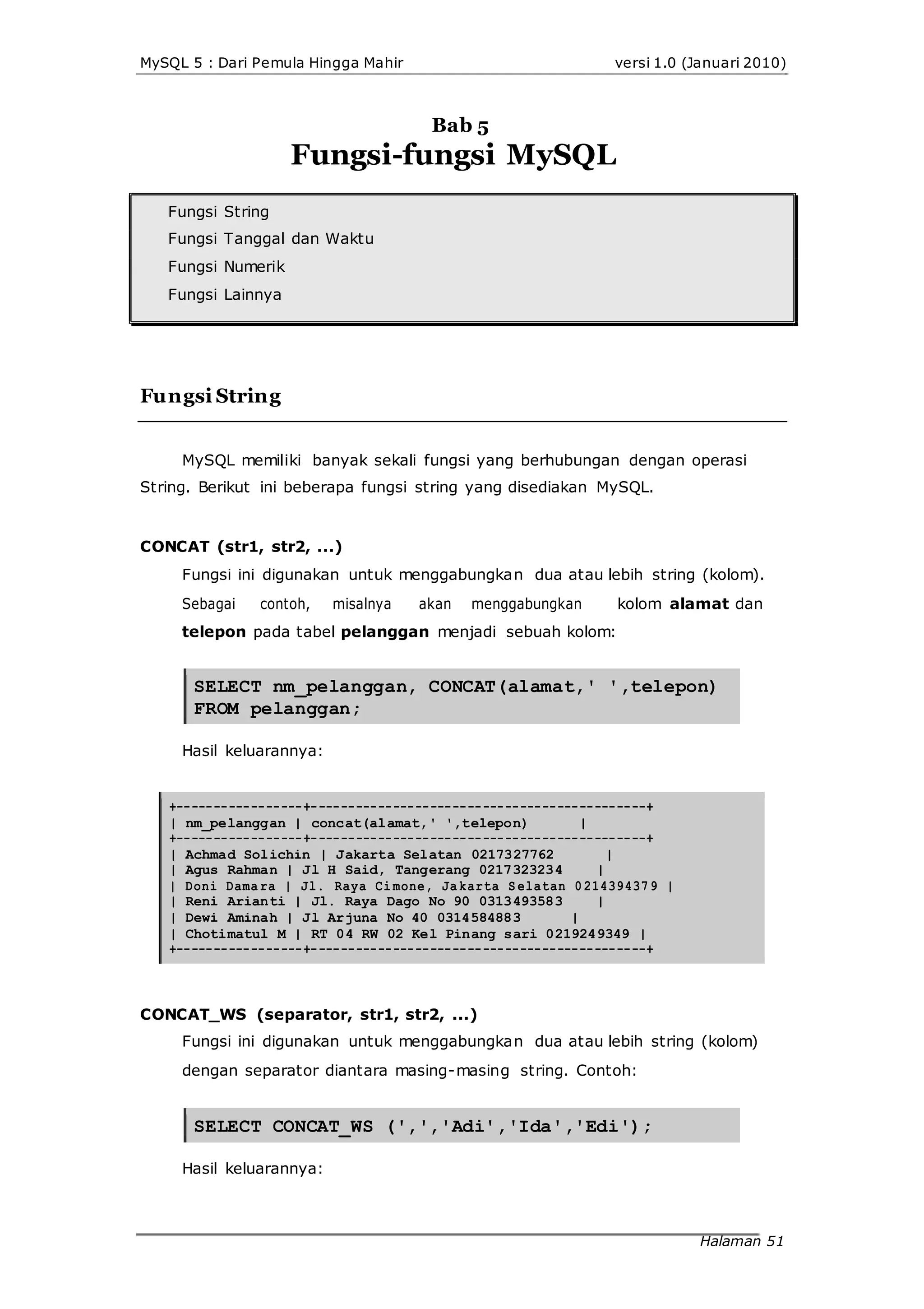 MySQL 5 : Dari Pemula Hingga Mahir versi 1.0 (Januari 2010)
Bab 5
Fungsi-fungsi MySQL
Fungsi String
Fungsi Tanggal dan Waktu
Fungsi Numerik
Fungsi Lainnya
Fungsi String
MySQL memiliki banyak sekali fungsi yang berhubungan dengan operasi
String. Berikut ini beberapa fungsi string yang disediakan MySQL.
CONCAT (str1, str2, ...)
Fungsi ini digunakan untuk menggabungkan dua atau lebih string (kolom).
Sebagai contoh, misalnya akan menggabungkan kolom alamat dan
telepon pada tabel pelanggan menjadi sebuah kolom:
SELECT nm_pelanggan, CONCAT(alamat,' ',telepon)
FROM pelanggan;
Hasil keluarannya:
+-----------------+---------------------------------------------+
| nm_pelanggan | concat(alamat,' ',telepon) |
+-----------------+---------------------------------------------+
| Achmad Solichin | Jakarta Selatan 0217327762 |
| Agus Rahman | Jl H Said, Tangerang 0217323234 |
| Doni Dama ra | Jl. Raya Ci mone, Ja karta S elatan 0 21439437 9 |
| Reni Arianti | Jl. Raya Dago No 90 0313493583 |
| Dewi Aminah | Jl Arjuna No 40 0314584883 |
| Chotimatul M | RT 04 RW 02 Kel Pinang sari 0219249349 |
+-----------------+---------------------------------------------+
CONCAT_WS (separator, str1, str2, ...)
Fungsi ini digunakan untuk menggabungkan dua atau lebih string (kolom)
dengan separator diantara masing-masing string. Contoh:
SELECT CONCAT_WS (',','Adi','Ida','Edi');
Hasil keluarannya:
Halaman 51
 
