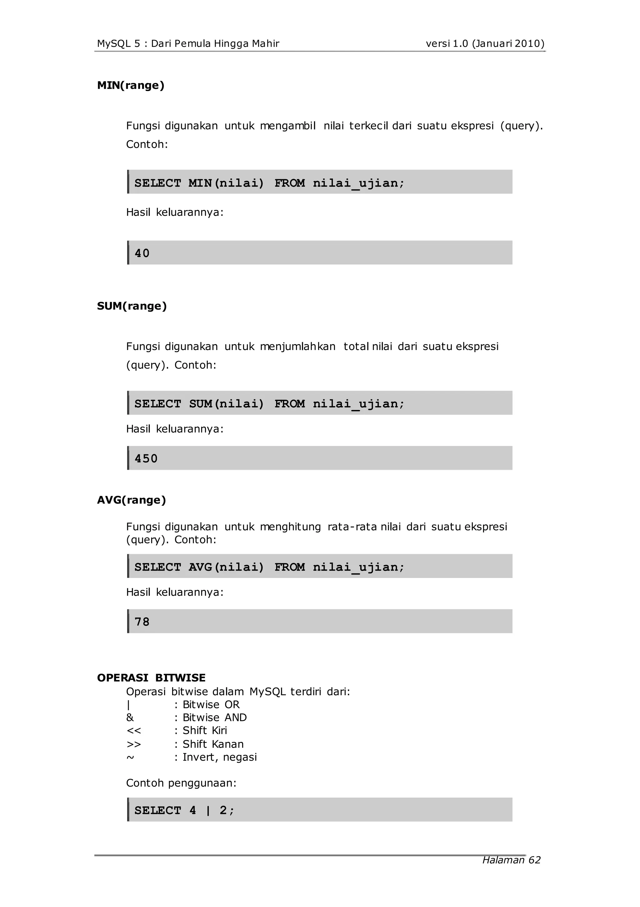 MySQL 5 : Dari Pemula Hingga Mahir versi 1.0 (Januari 2010)
MIN(range)
Fungsi digunakan untuk mengambil nilai terkecil dari suatu ekspresi (query).
Contoh:
SELECT MIN(nilai) FROM nilai_ujian;
Hasil keluarannya:
40
SUM(range)
Fungsi digunakan untuk menjumlahkan total nilai dari suatu ekspresi
(query). Contoh:
SELECT SUM(nilai) FROM nilai_ujian;
Hasil keluarannya:
450
AVG(range)
Fungsi digunakan untuk menghitung rata-rata nilai dari suatu ekspresi
(query). Contoh:
SELECT AVG(nilai) FROM nilai_ujian;
Hasil keluarannya:
78
OPERASI BITWISE
Operasi bitwise dalam MySQL terdiri dari:
|
&
<<
>>
~
: Bitwise OR
: Bitwise AND
: Shift Kiri
: Shift Kanan
: Invert, negasi
Contoh penggunaan:
SELECT 4 | 2;
Halaman 62
 