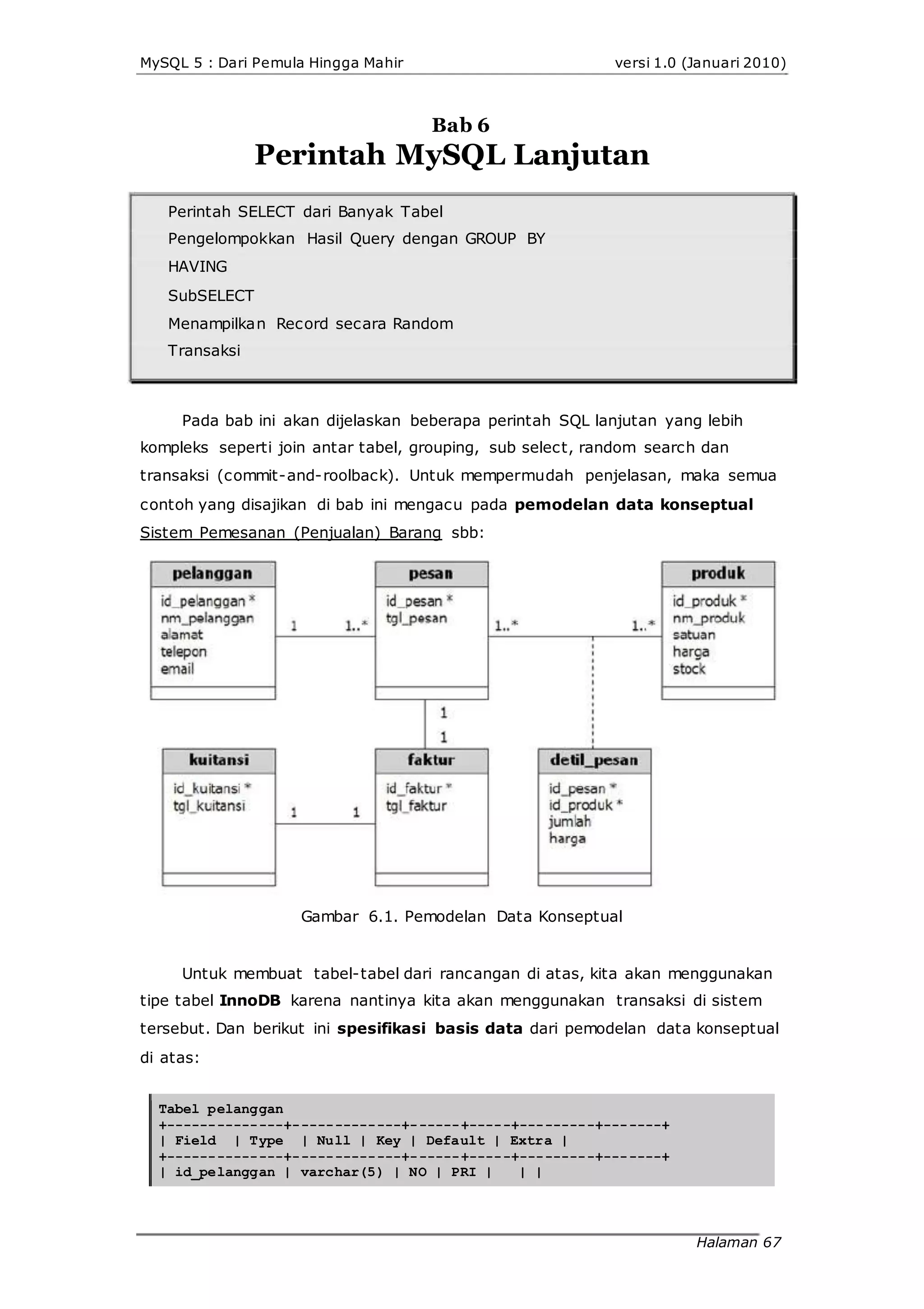 MySQL 5 : Dari Pemula Hingga Mahir versi 1.0 (Januari 2010)
Bab 6
Perintah MySQL Lanjutan
Perintah SELECT dari Banyak Tabel
Pengelompokkan Hasil Query dengan GROUP BY
HAVING
SubSELECT
Menampilkan Record secara Random
Transaksi
Pada bab ini akan dijelaskan beberapa perintah SQL lanjutan yang lebih
kompleks seperti join antar tabel, grouping, sub select, random search dan
transaksi (commit-and-roolback). Untuk mempermudah penjelasan, maka semua
contoh yang disajikan di bab ini mengacu pada pemodelan data konseptual
Sistem Pemesanan (Penjualan) Barang sbb:
Gambar 6.1. Pemodelan Data Konseptual
Untuk membuat tabel-tabel dari rancangan di atas, kita akan menggunakan
tipe tabel InnoDB karena nantinya kita akan menggunakan transaksi di sistem
tersebut. Dan berikut ini spesifikasi basis data dari pemodelan data konseptual
di atas:
Tabel pelanggan
+--------------+-------------+------+-----+---------+-------+
| Field | Type | Null | Key | Default | Extra |
+--------------+-------------+------+-----+---------+-------+
| id_pelanggan | varchar(5) | NO | PRI | | |
Halaman 67
 